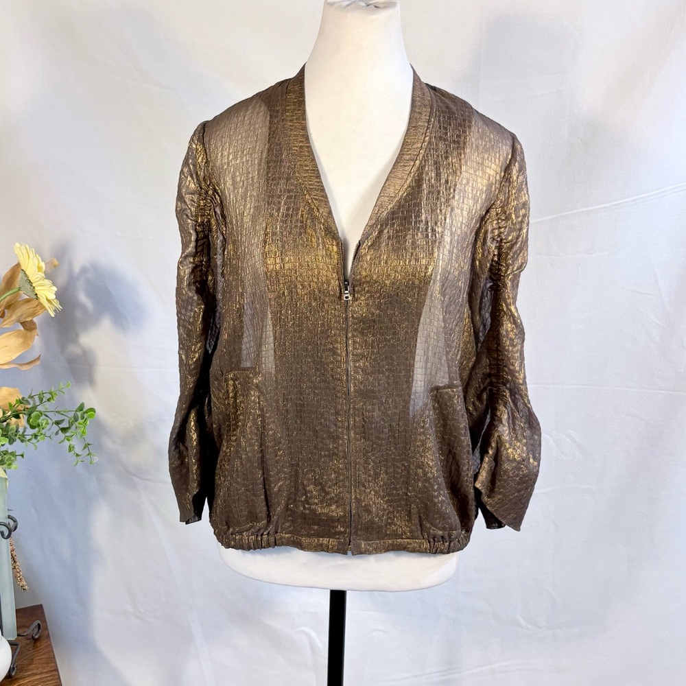 Diane von Furstenberg Metallic Chiffon Zip Jacket Copper Brown Sz 6💚 - Picture 2 of 12